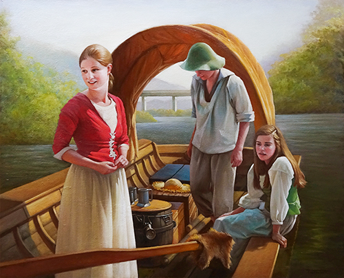 A photograph of an oil painting depicting several people in a historical re-enactment of James River batteaux boats