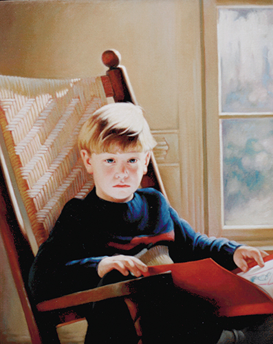 A photograph of an oil painting depicting a young blonde boy sitting in a rocking chair with a book in his hands