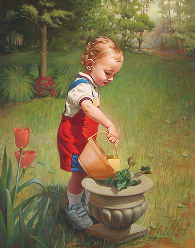 A photograph of an oil painting depicting a young blonde boy watering some daffodils with a watering can