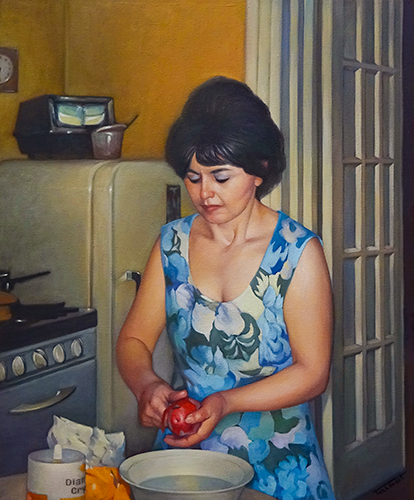 A photograph of an oil painting depicting a woman in a blue floral dress peeling potatoes in her kitchen