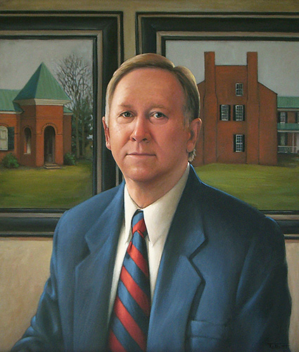 A photograph of an oil painting depicting a serious man in a suit seated in front of two paintings of historic buildings
